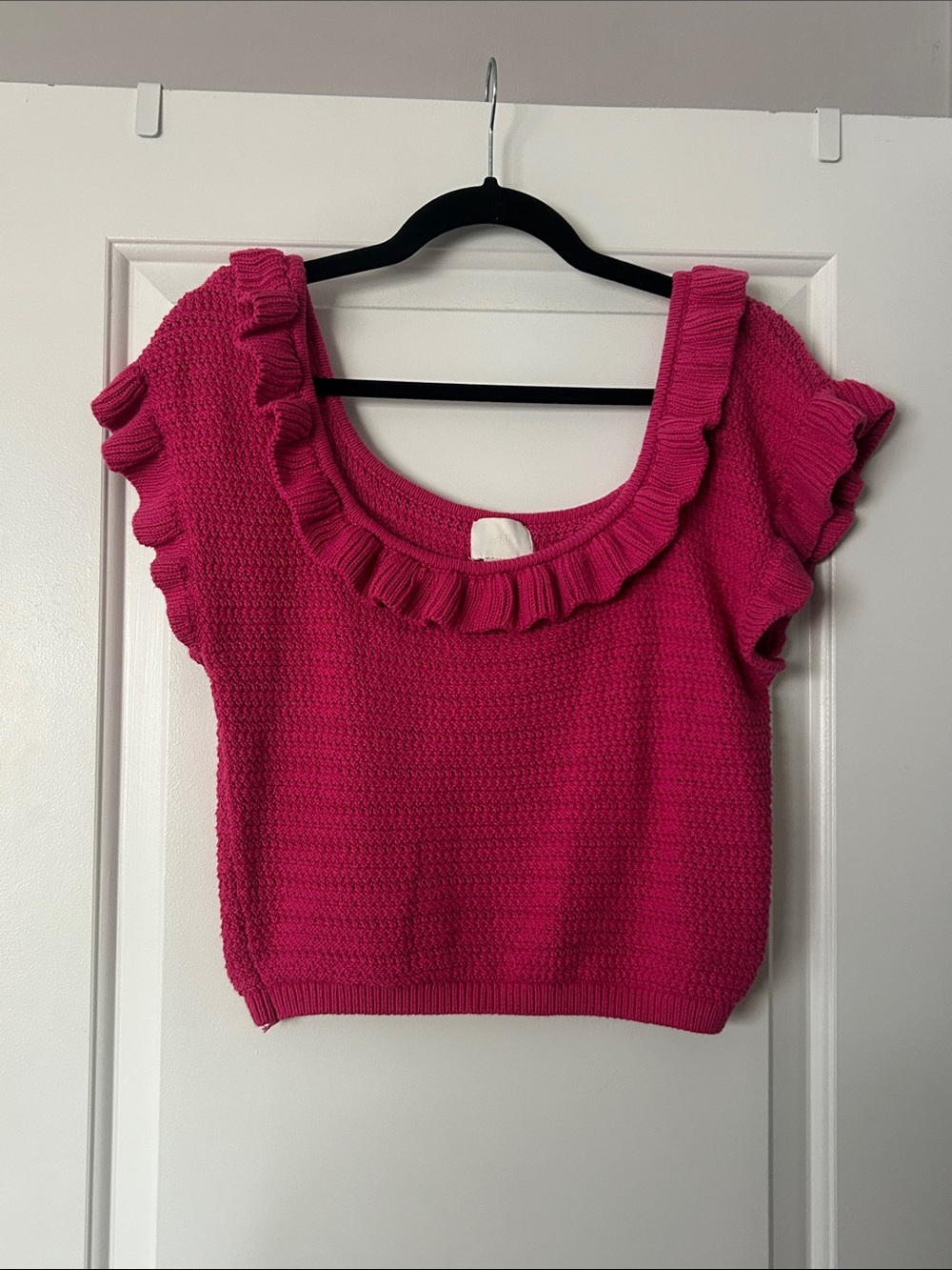 H&M Ruffled Knit Pointelle Top Cerise